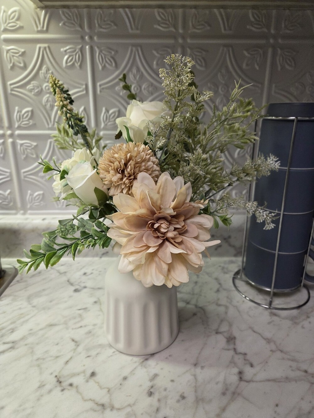 Neutral Faux Floral Arrangement Cream Blush Green Ceramic Vase